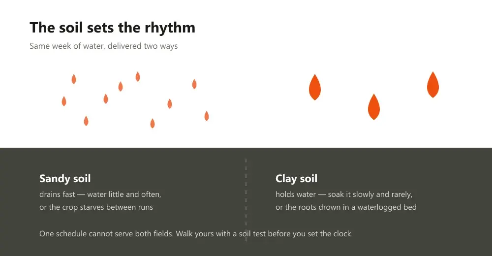 Two rows of droplets showing frequent light watering against rare heavy soaks