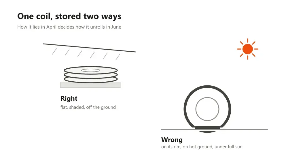 Side-view sketch comparing a coil stored flat under shade with one left upright in the sun