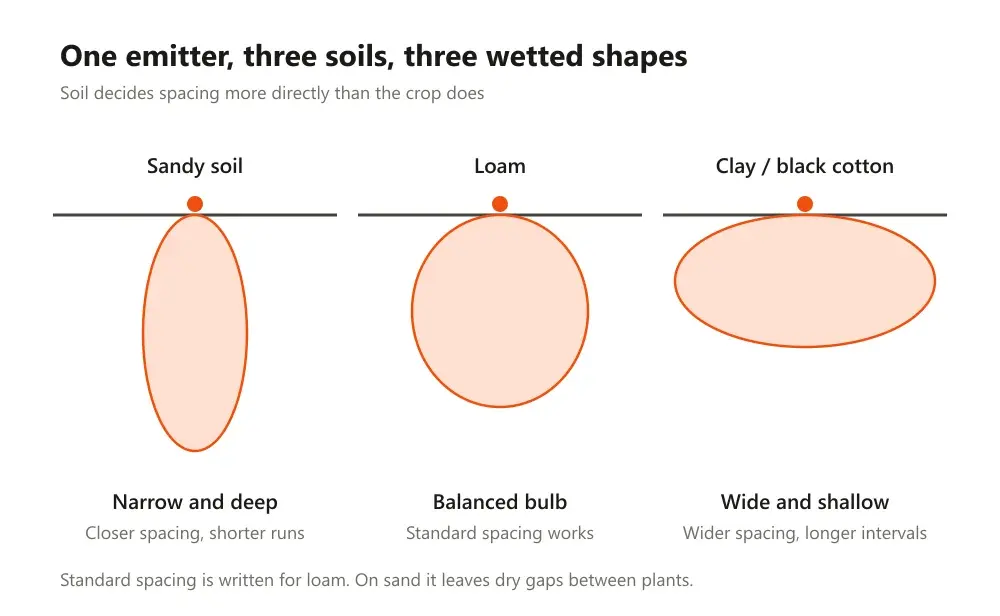 Three cross-sections showing how one emitter wets sandy, loam and clay soil differently